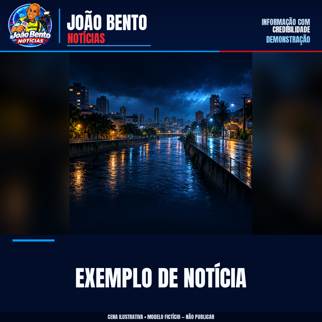 Exemplo fictício da arte João Bento Notícias com logo compacta, cena ilustrativa e manchete em área separada